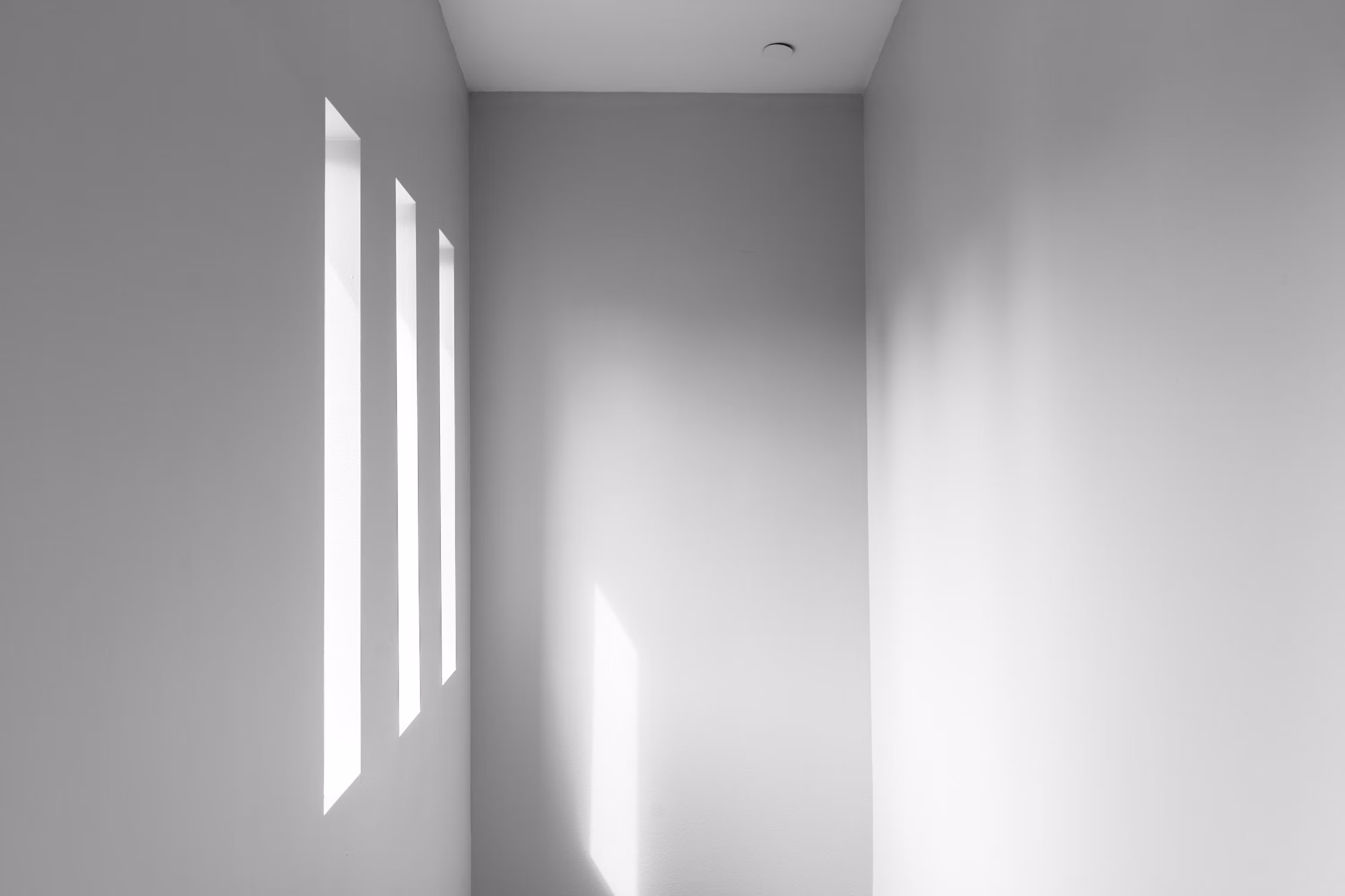 White interior walls and tall windows with natural light and architectural shadows